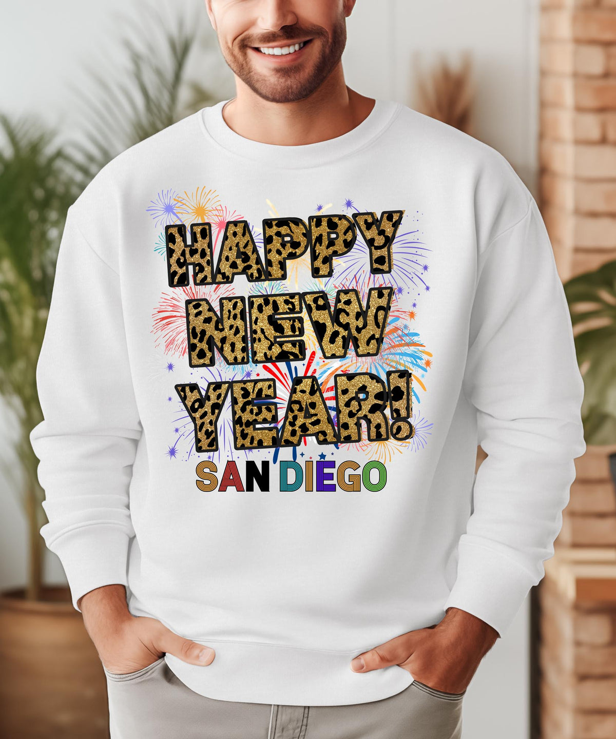 Unisex Happy New Year San Diego Sweatshirt – Fireworks, Leopard Print, and Coastal Festive Style