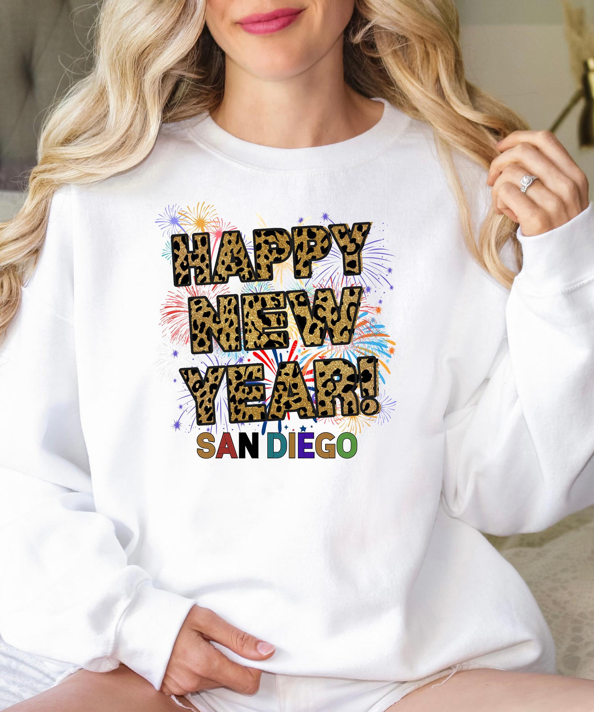 Unisex Happy New Year San Diego Sweatshirt – Fireworks, Leopard Print, and Coastal Festive Style