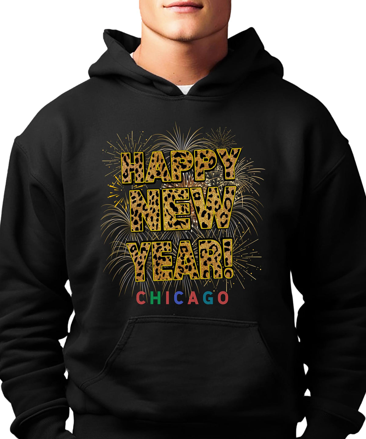 Unisex Happy New Year Chicago Hoodie – Fireworks, Leopard Print, and Festive Windy City Style