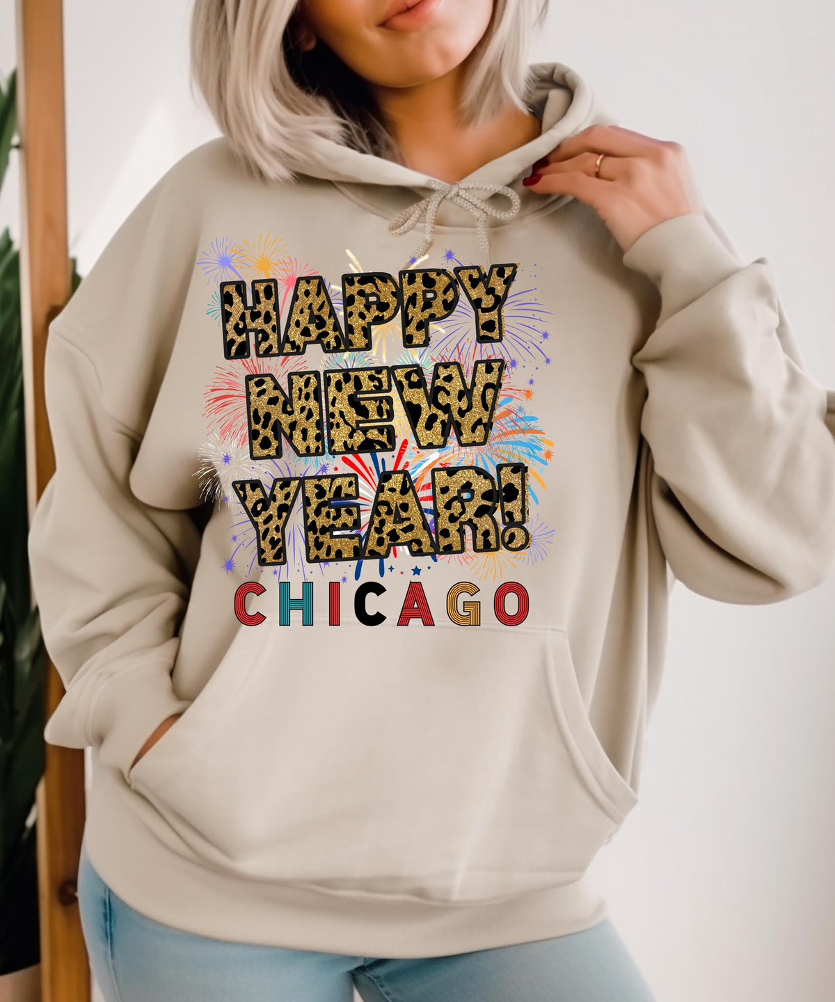 Unisex Happy New Year Chicago Hoodie – Fireworks, Leopard Print, and Festive Windy City Style