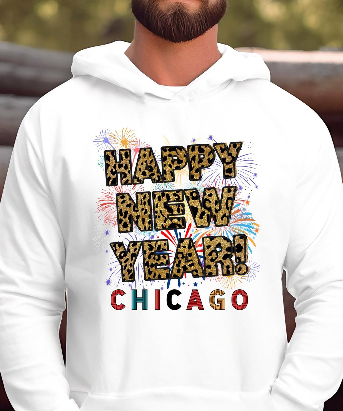 Unisex Happy New Year Chicago Hoodie – Fireworks, Leopard Print, and Festive Windy City Style