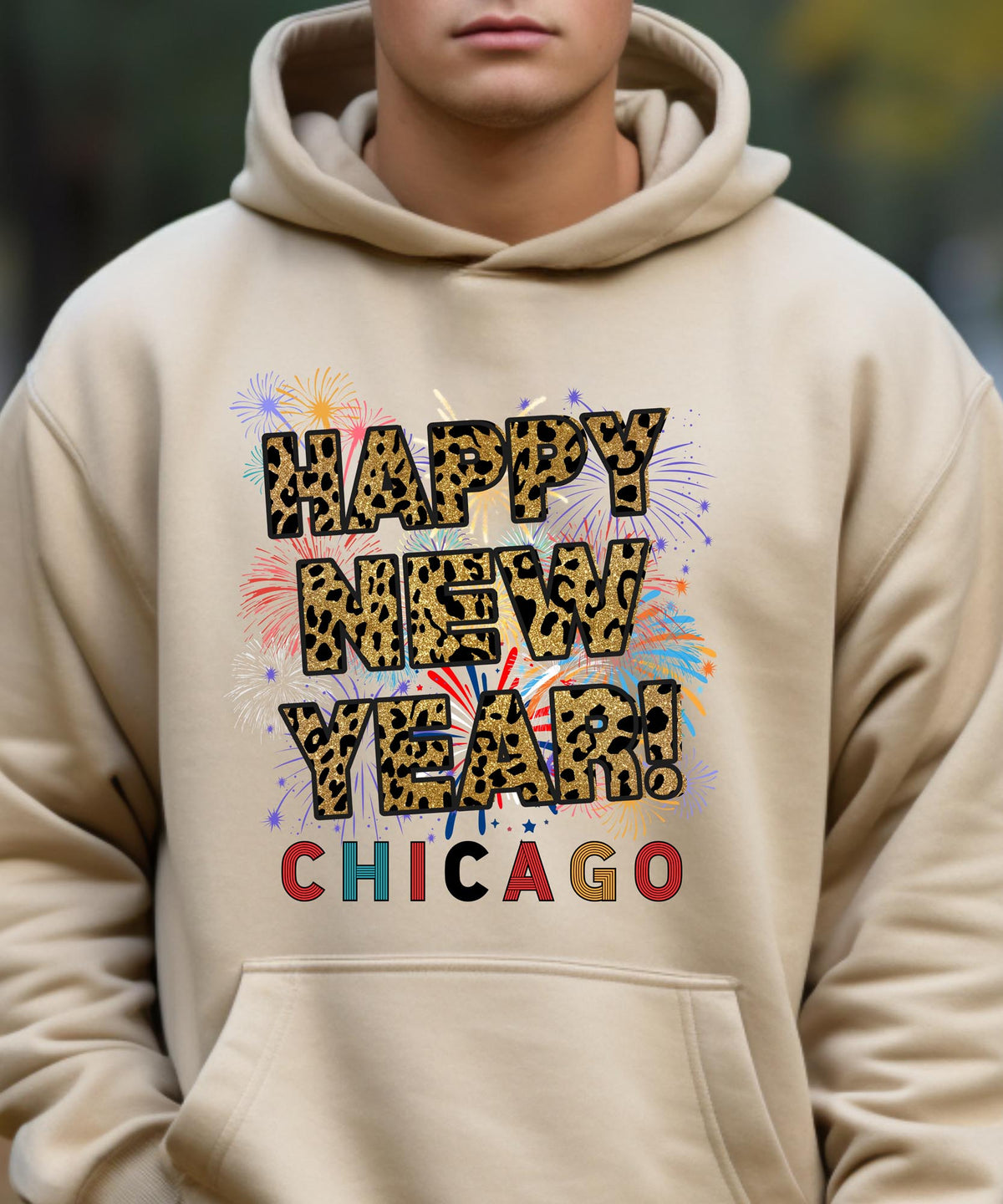 Unisex Happy New Year Chicago Hoodie – Fireworks, Leopard Print, and Festive Windy City Style