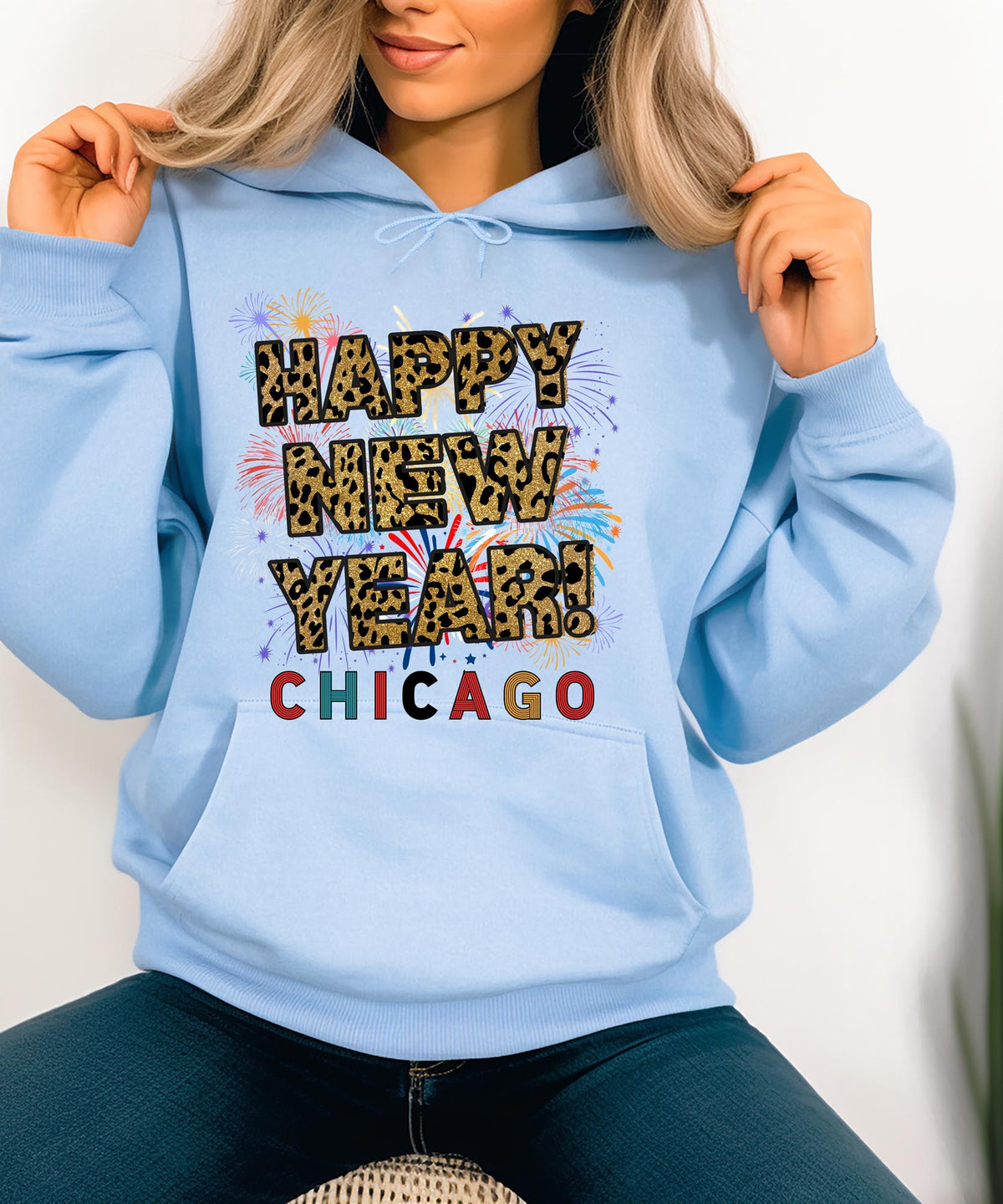 Unisex Happy New Year Chicago Hoodie – Fireworks, Leopard Print, and Festive Windy City Style