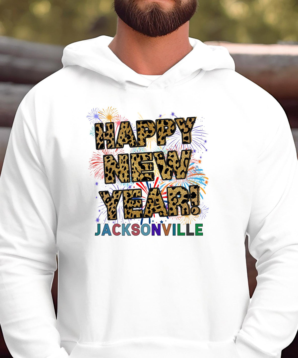 Unisex Happy New Year Los Angeles Hoodie – Fireworks, Leopard Print, and Festive West Coast Vibes