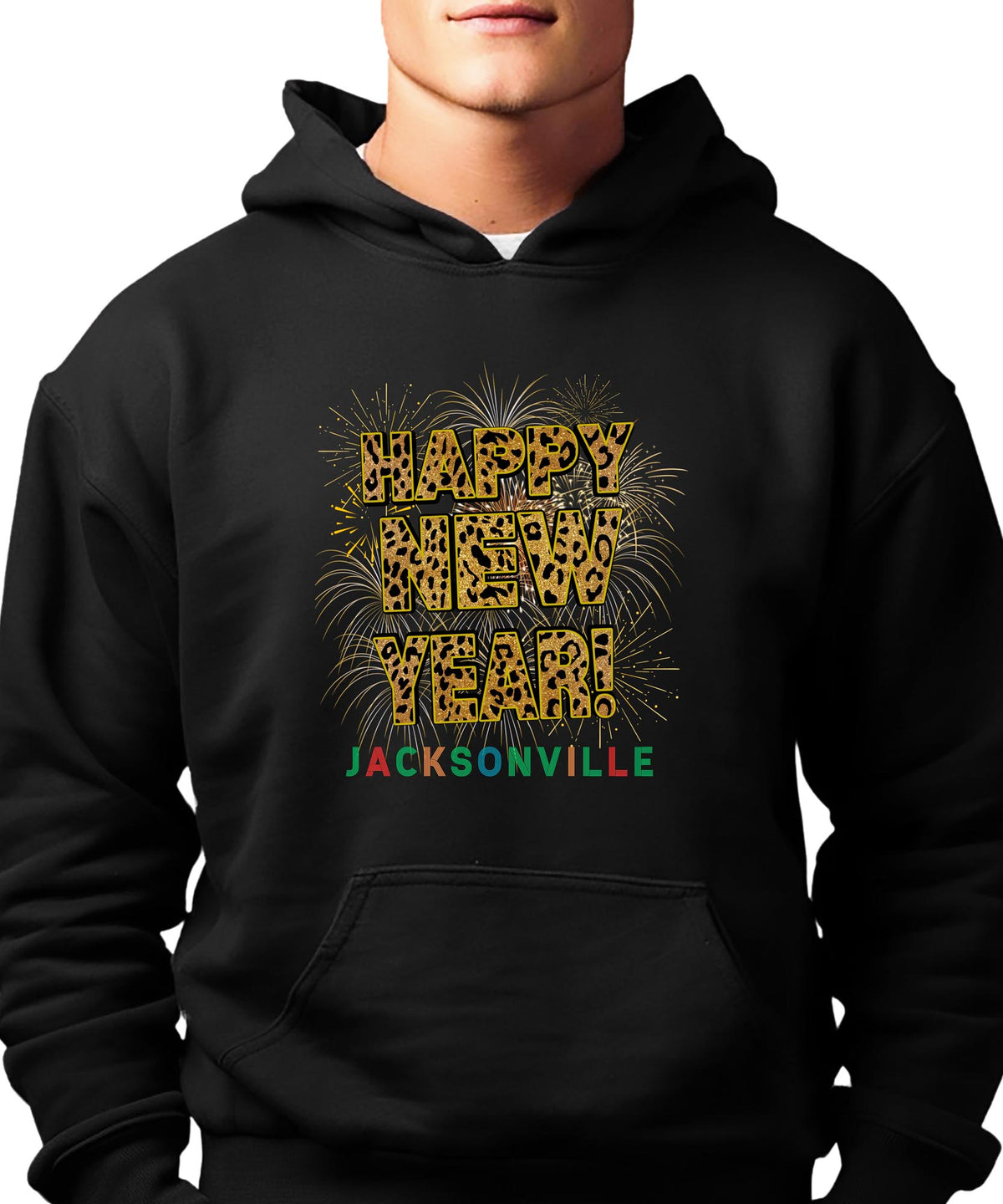 Unisex Happy New Year Los Angeles Hoodie – Fireworks, Leopard Print, and Festive West Coast Vibes