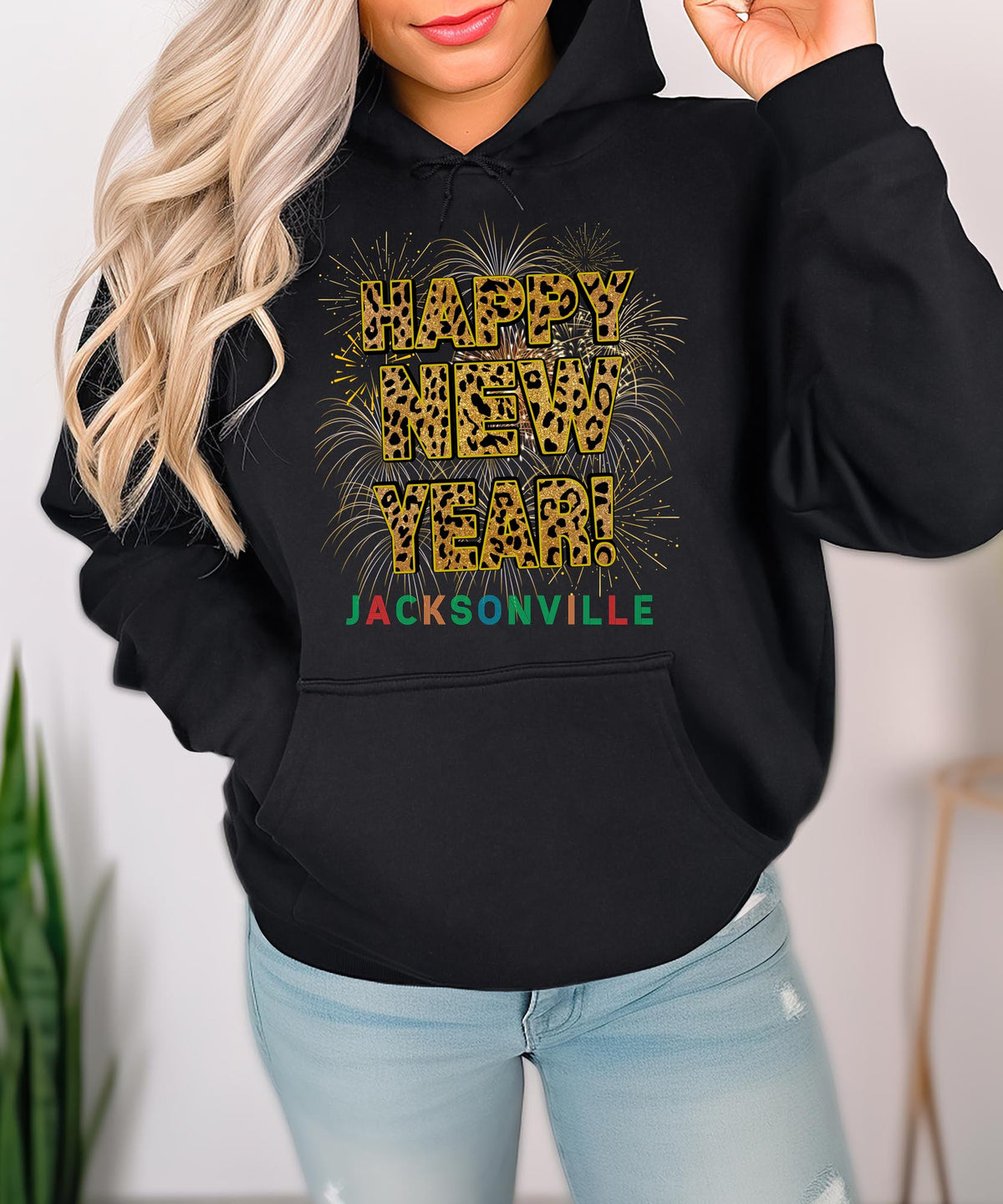 Unisex Happy New Year Los Angeles Hoodie – Fireworks, Leopard Print, and Festive West Coast Vibes