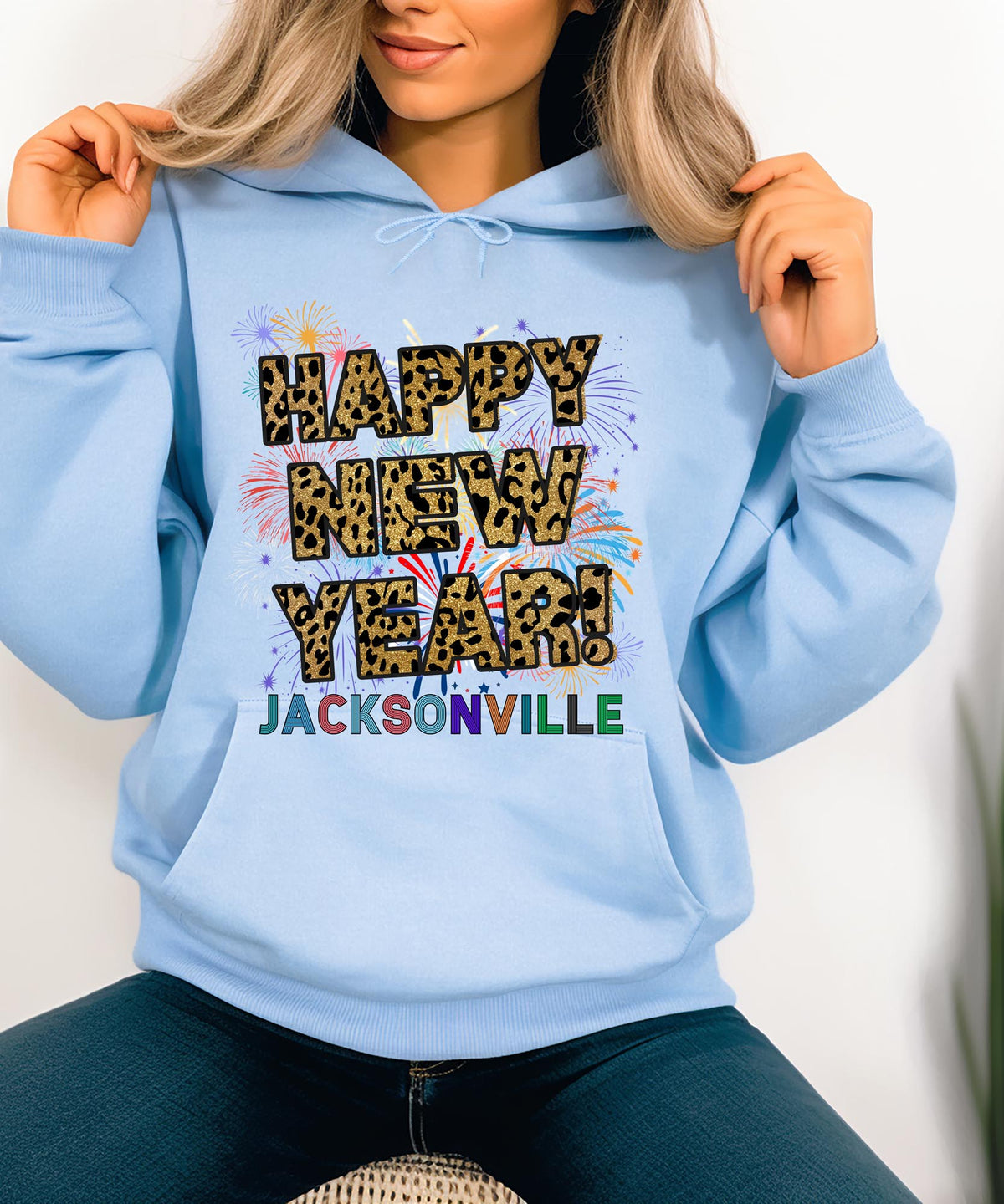 Unisex Happy New Year Los Angeles Hoodie – Fireworks, Leopard Print, and Festive West Coast Vibes