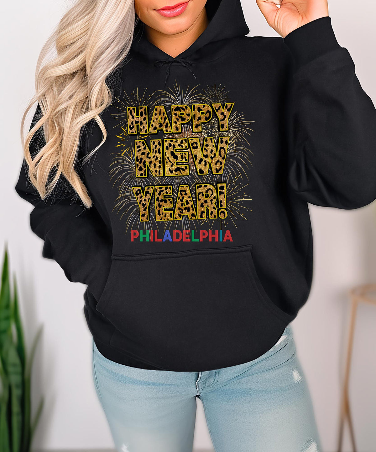 Unisex Happy New Year Philadelphia Hoodie – Fireworks, Leopard Print, and Festive Philly Style