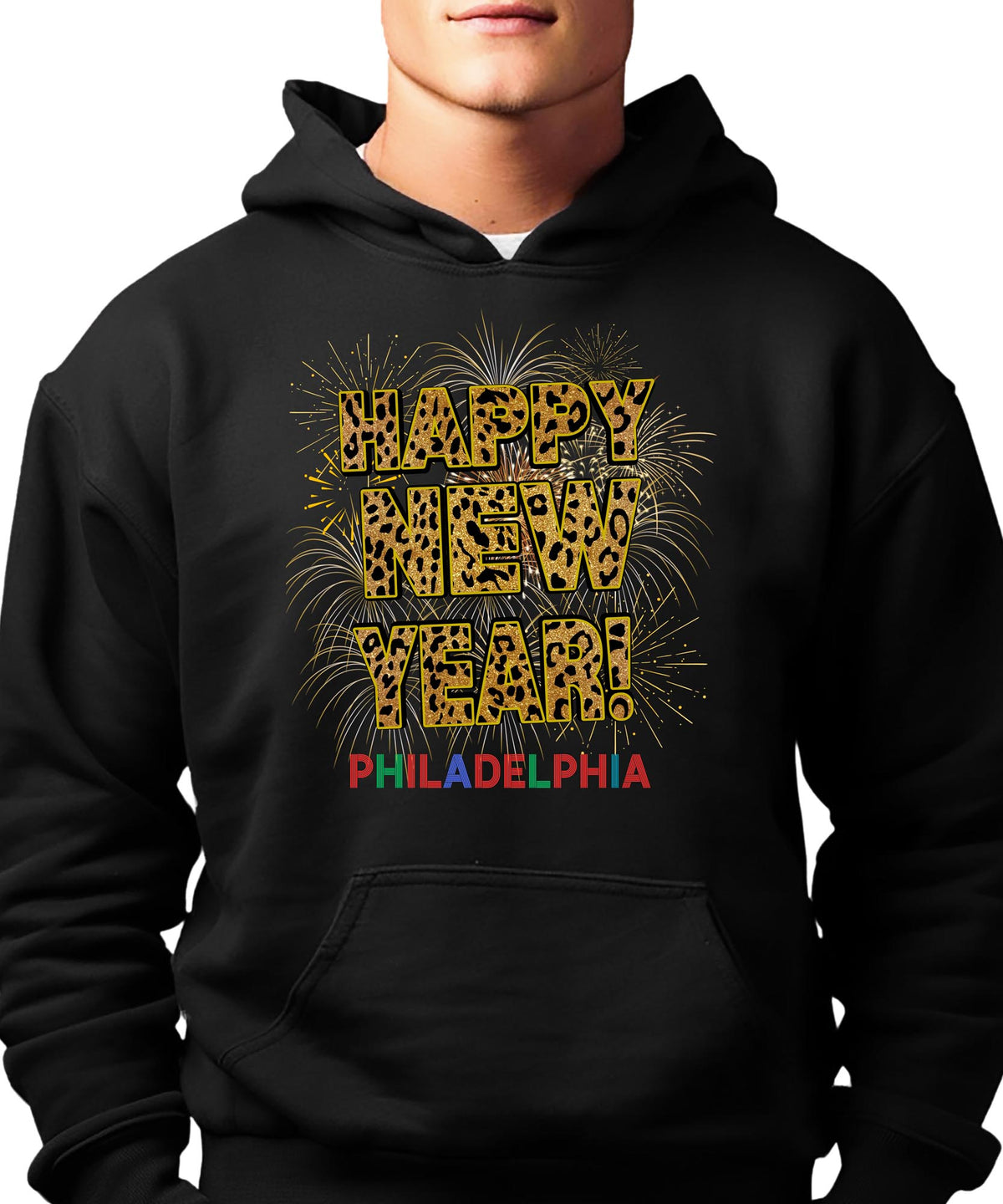 Unisex Happy New Year Philadelphia Hoodie – Fireworks, Leopard Print, and Festive Philly Style