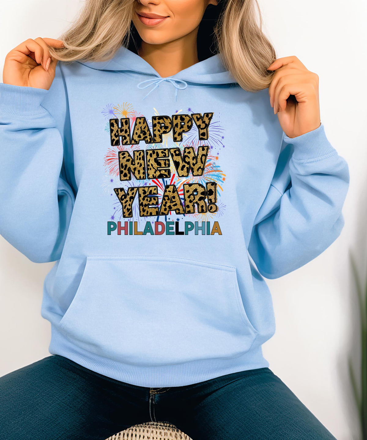 Unisex Happy New Year Philadelphia Hoodie – Fireworks, Leopard Print, and Festive Philly Style