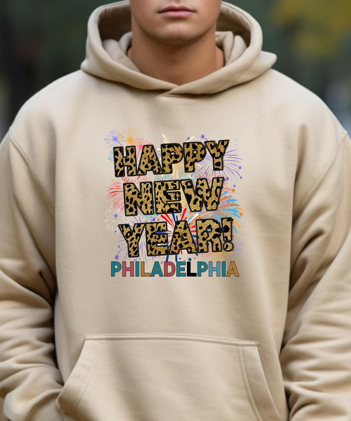 Unisex Happy New Year Philadelphia Hoodie – Fireworks, Leopard Print, and Festive Philly Style