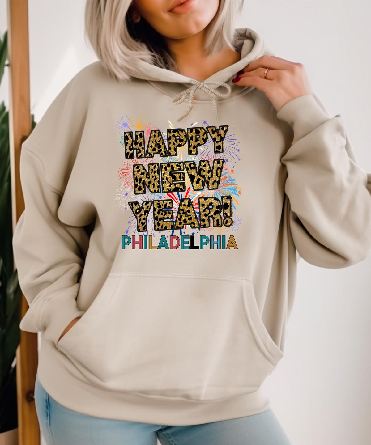 Unisex Happy New Year Philadelphia Hoodie – Fireworks, Leopard Print, and Festive Philly Style