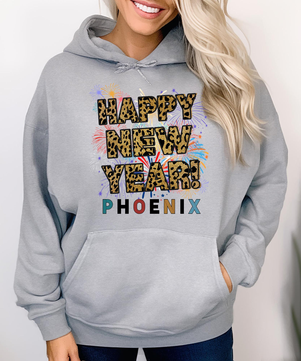 Unisex Happy New Year Phoenix Athletic Hoodie – Fireworks, Leopard Print, and Sporty Desert Style