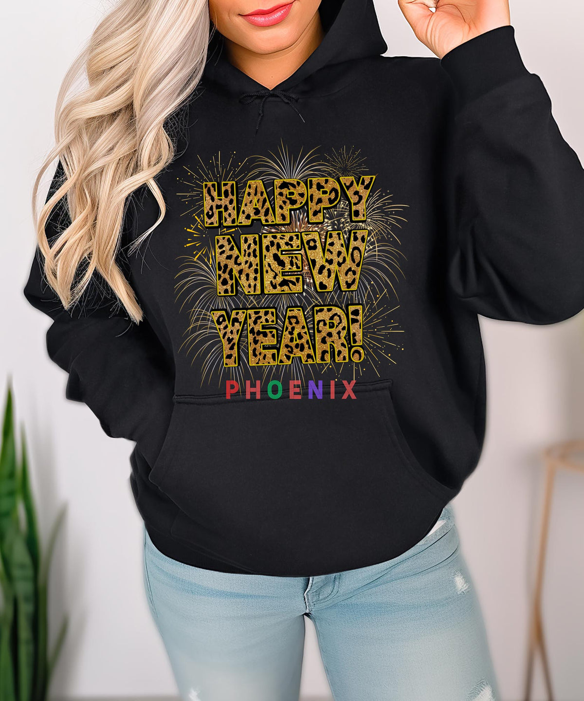 Unisex Happy New Year Phoenix Athletic Hoodie – Fireworks, Leopard Print, and Sporty Desert Style