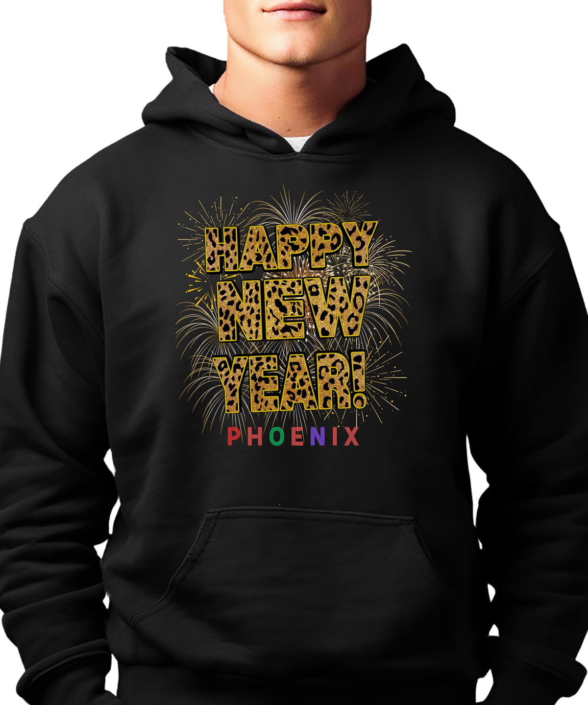 Unisex Happy New Year Phoenix Athletic Hoodie – Fireworks, Leopard Print, and Sporty Desert Style