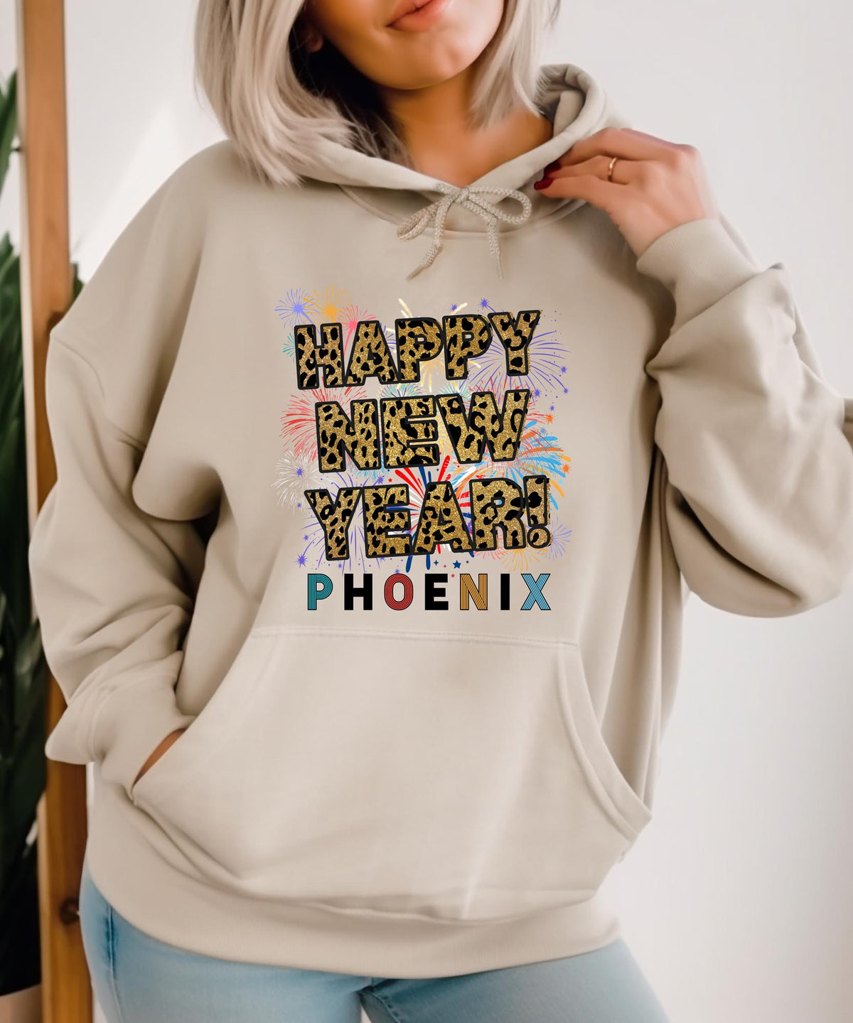 Unisex Happy New Year Phoenix Athletic Hoodie – Fireworks, Leopard Print, and Sporty Desert Style