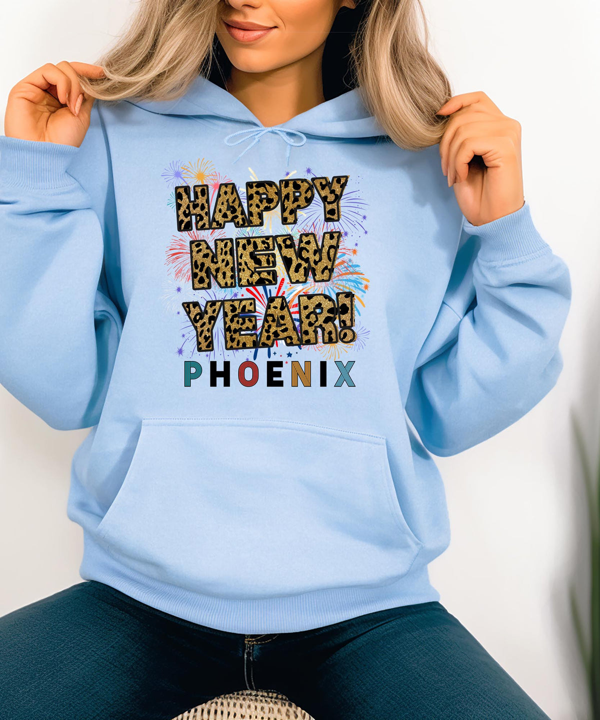 Unisex Happy New Year Phoenix Hoodie – Fireworks, Leopard Print, and Festive Desert Style