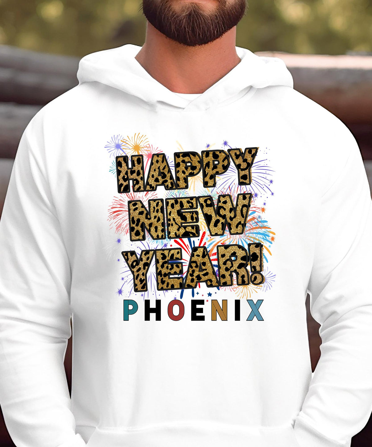 Unisex Happy New Year Phoenix Hoodie – Fireworks, Leopard Print, and Festive Desert Style