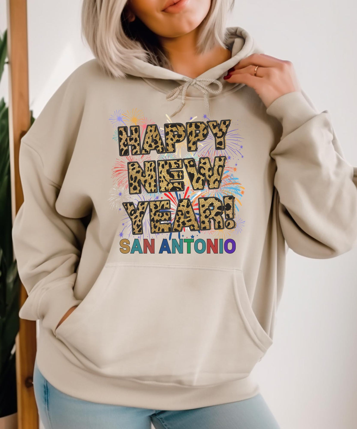 Unisex Happy New Year San Antonio Hoodie – Fireworks and Leopard Print Festive Style