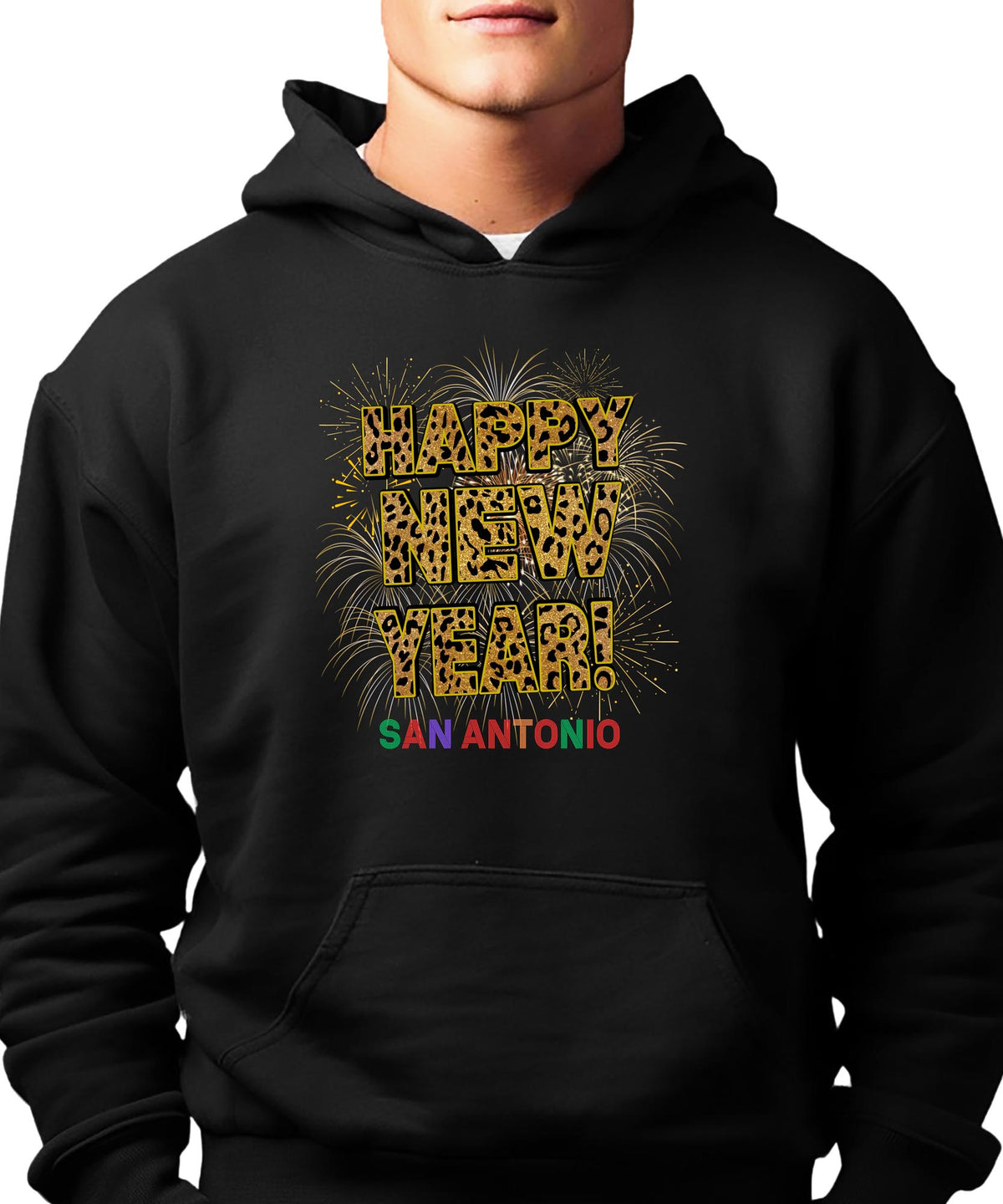 Unisex Happy New Year San Antonio Hoodie – Fireworks and Leopard Print Festive Style