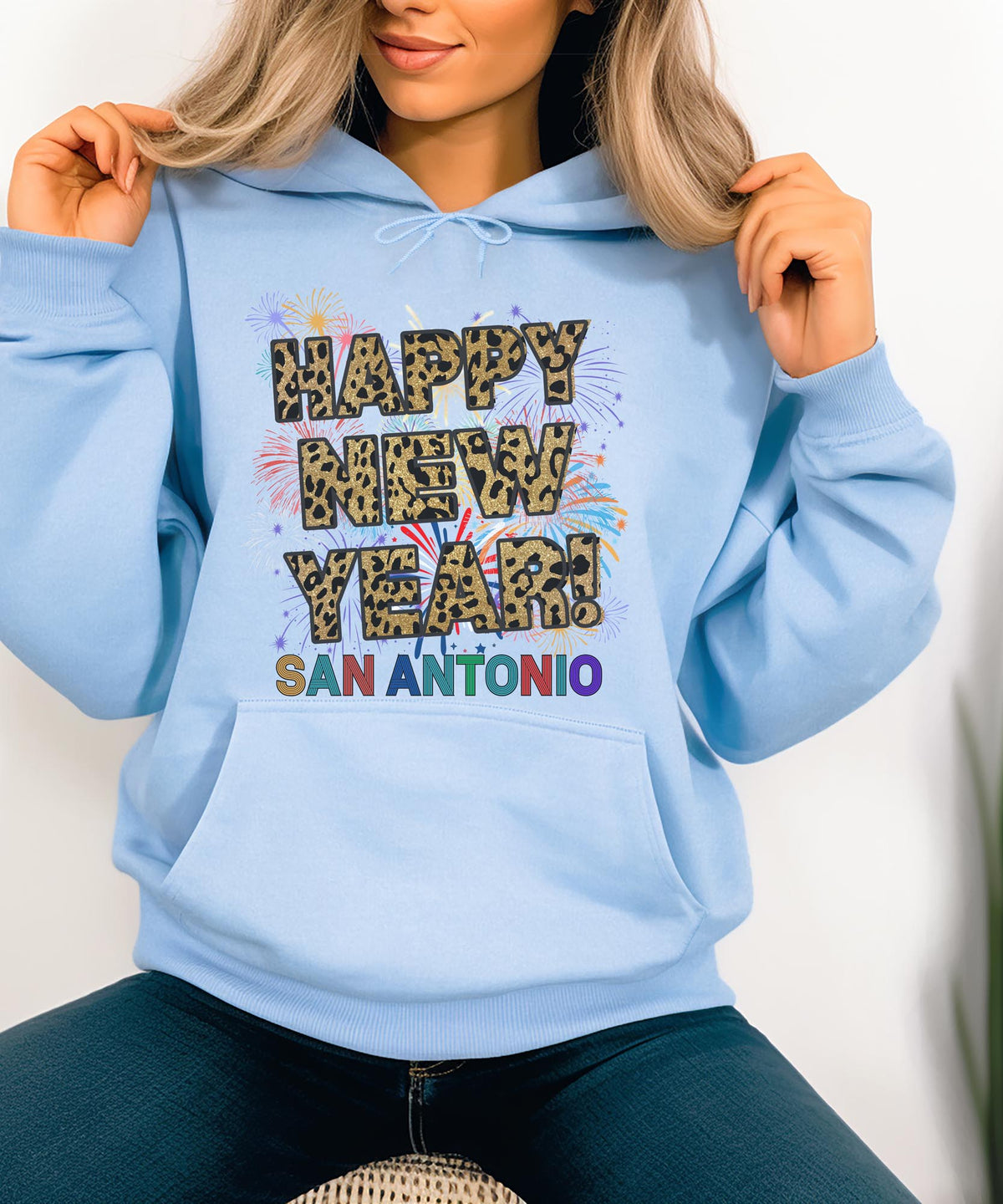 Unisex Happy New Year San Antonio Hoodie – Fireworks and Leopard Print Festive Style