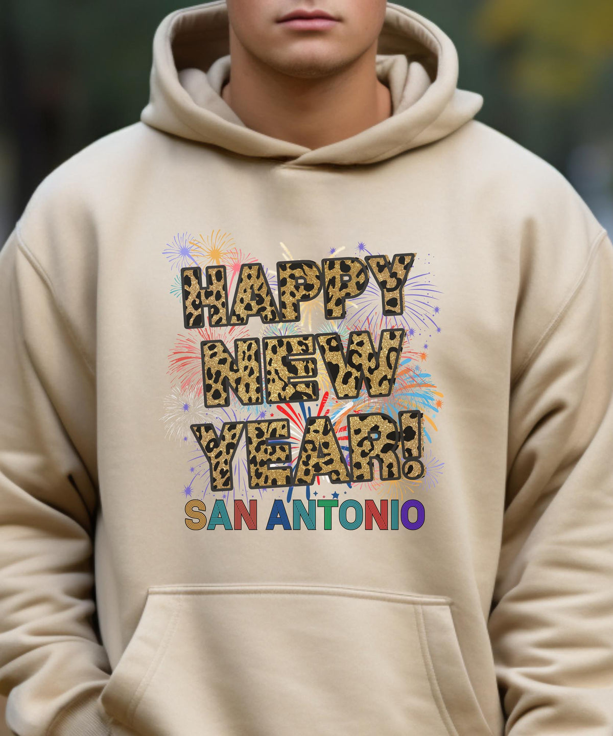 Unisex Happy New Year San Antonio Hoodie – Fireworks and Leopard Print Festive Style