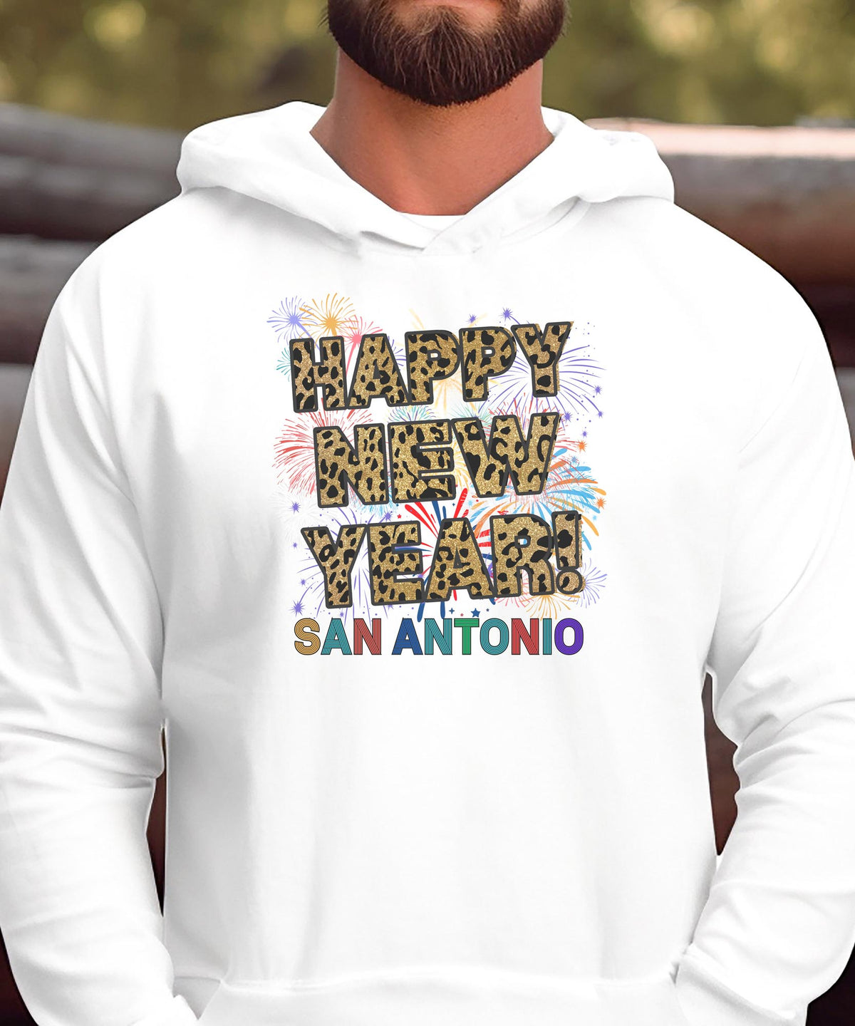 Unisex Happy New Year San Antonio Hoodie – Fireworks and Leopard Print Festive Style