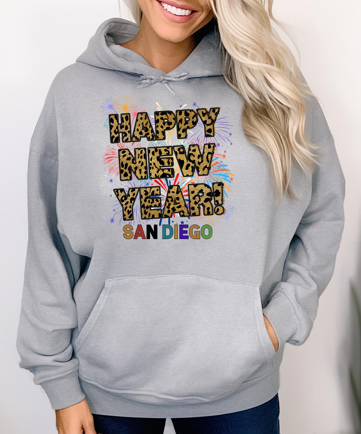 Unisex Happy New Year San Diego Hoodie – Fireworks, Leopard Print, and Festive Coastal Style