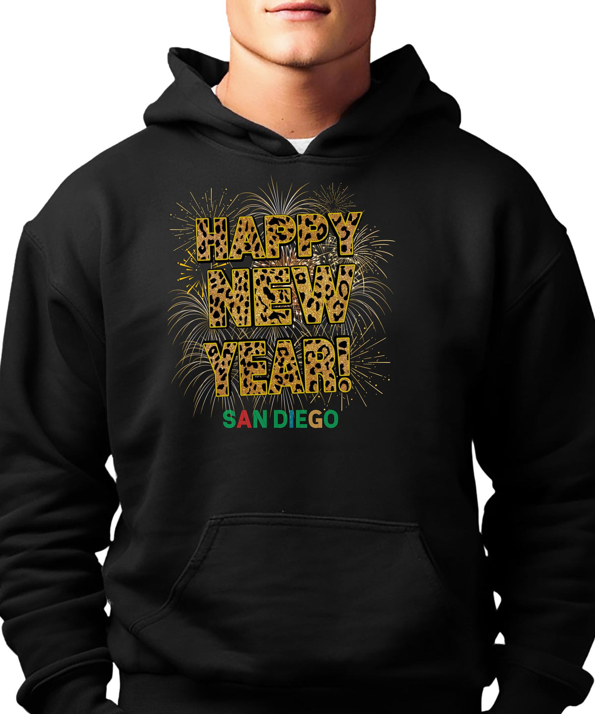 Unisex Happy New Year San Diego Hoodie – Fireworks, Leopard Print, and Festive Coastal Style