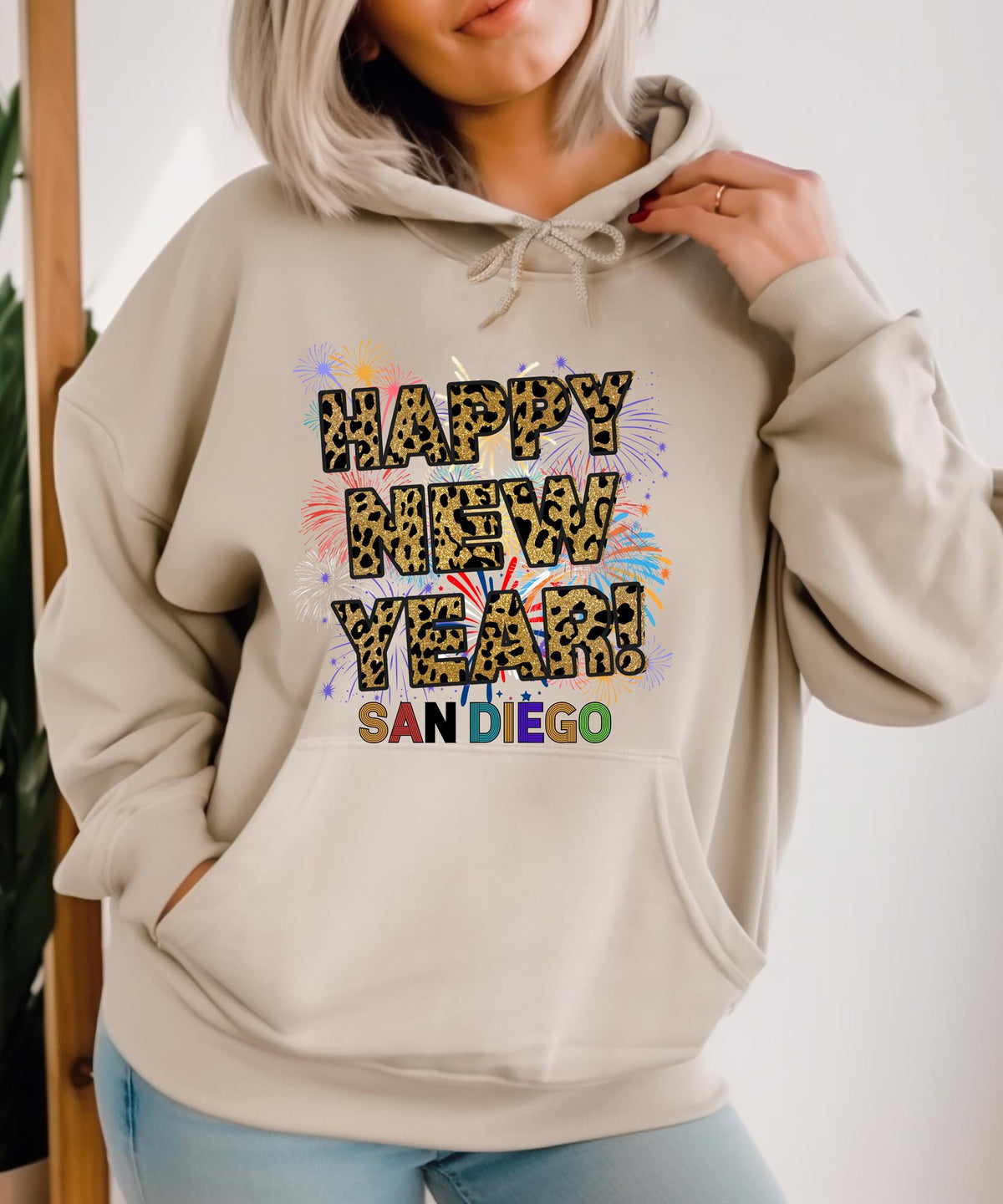 Unisex Happy New Year San Diego Hoodie – Fireworks, Leopard Print, and Festive Coastal Style