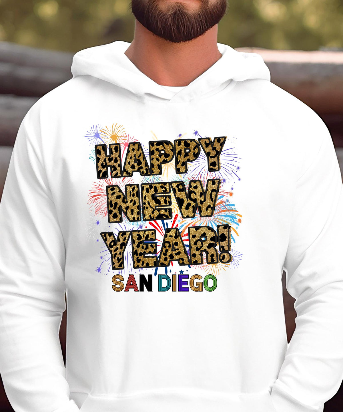 Unisex Happy New Year San Diego Hoodie – Fireworks, Leopard Print, and Festive Coastal Style