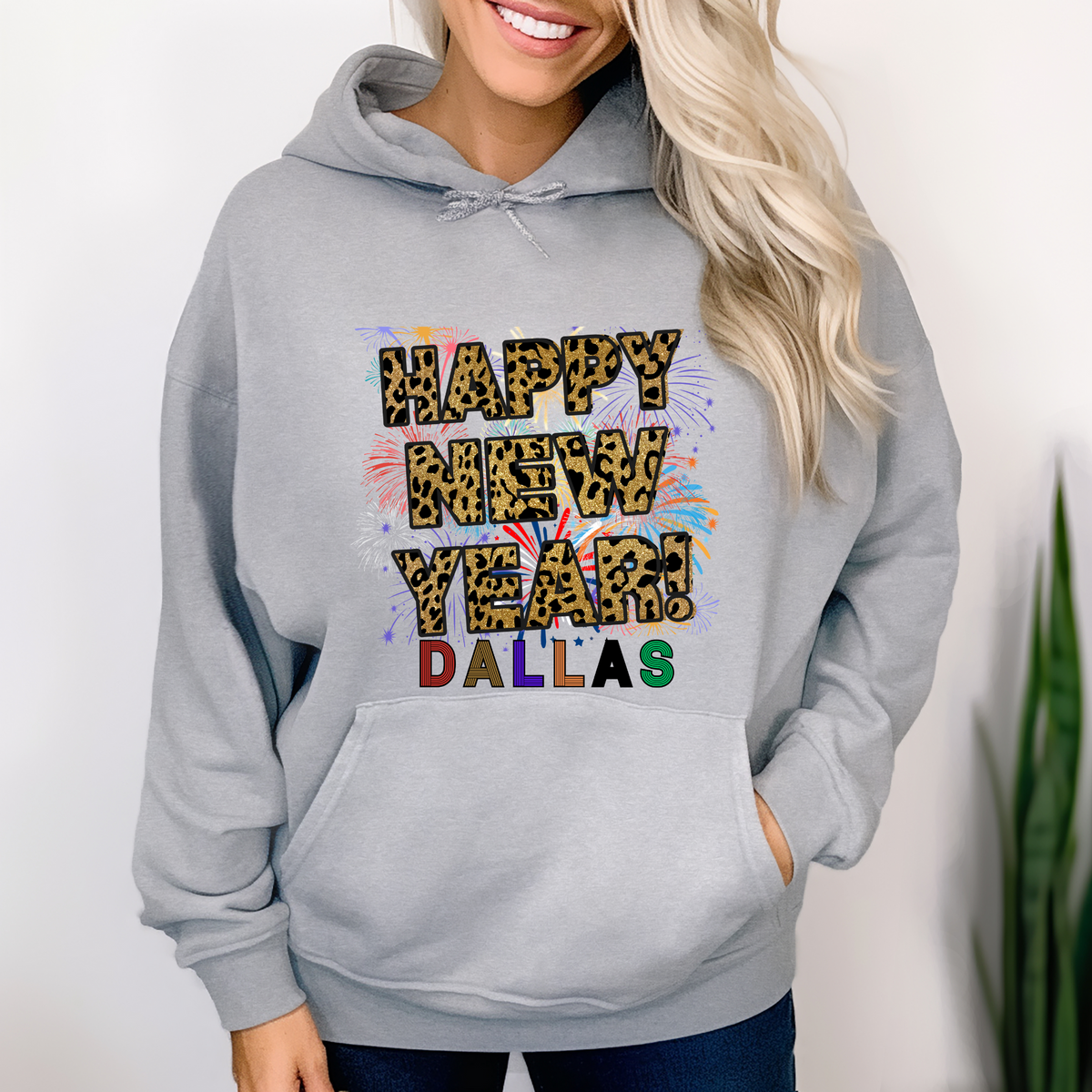 Unisex Happy New Year Dallas Hoodie – Fireworks, Leopard Print, and Festive Texas Flair