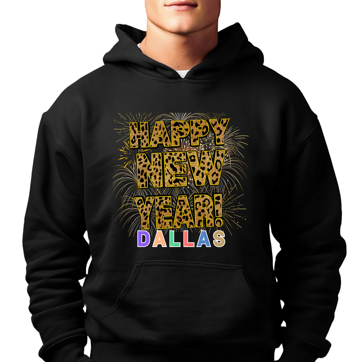 Unisex Happy New Year Dallas Hoodie – Fireworks, Leopard Print, and Festive Texas Flair