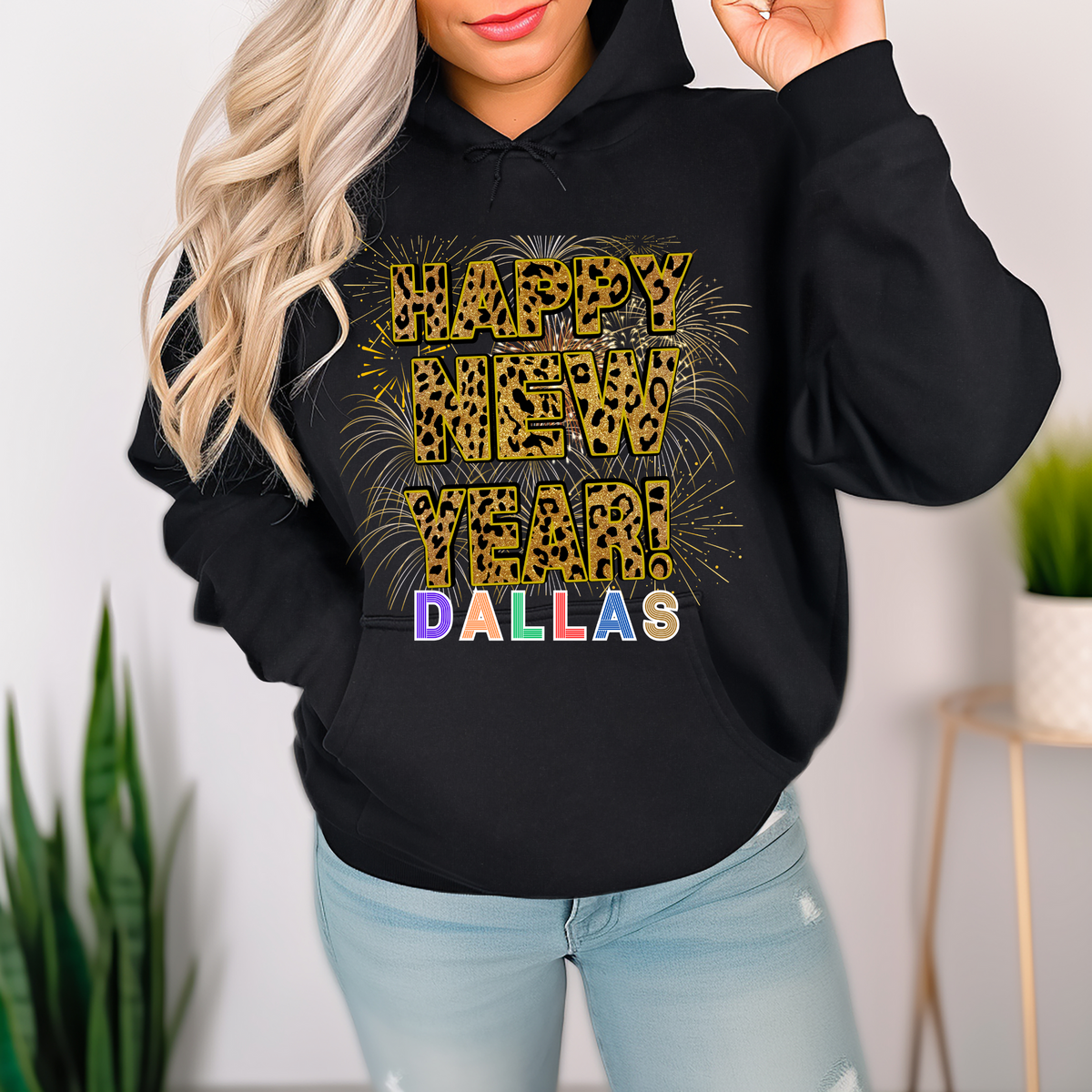 Unisex Happy New Year Dallas Hoodie – Fireworks, Leopard Print, and Festive Texas Flair