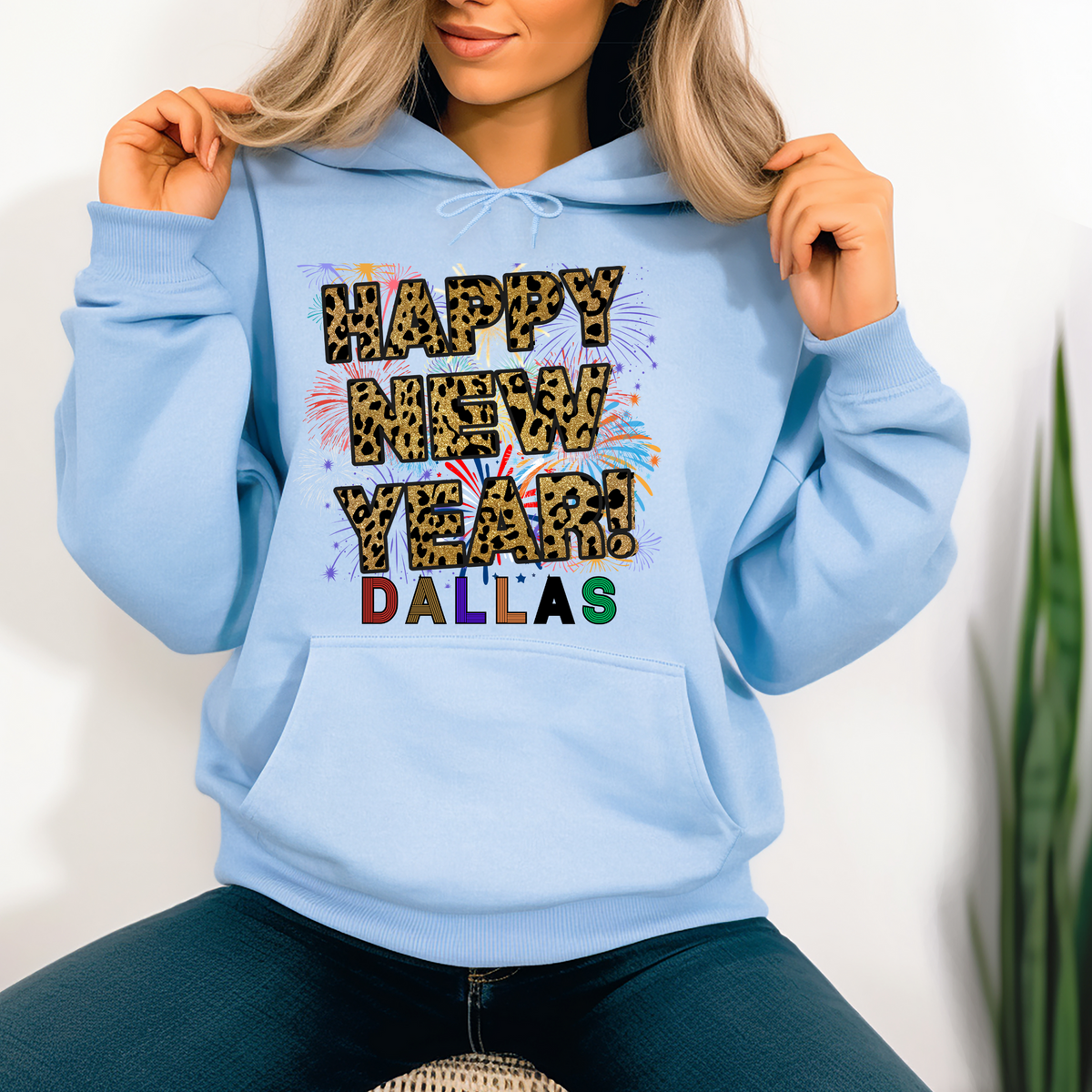 Unisex Happy New Year Dallas Hoodie – Fireworks, Leopard Print, and Festive Texas Flair