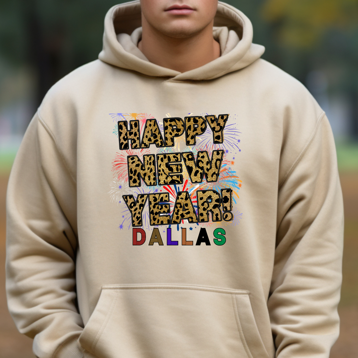 Unisex Happy New Year Dallas Hoodie – Fireworks, Leopard Print, and Festive Texas Flair