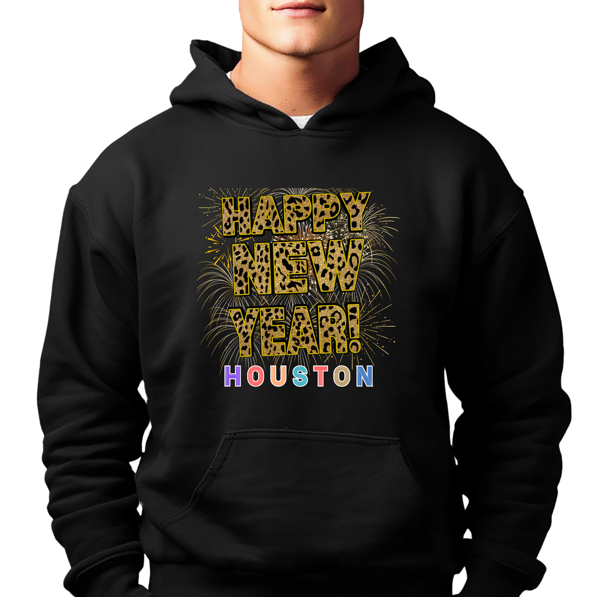 Unisex Happy New Year Houston Hoodie – Fireworks, Leopard Print, and Festive Texas Style