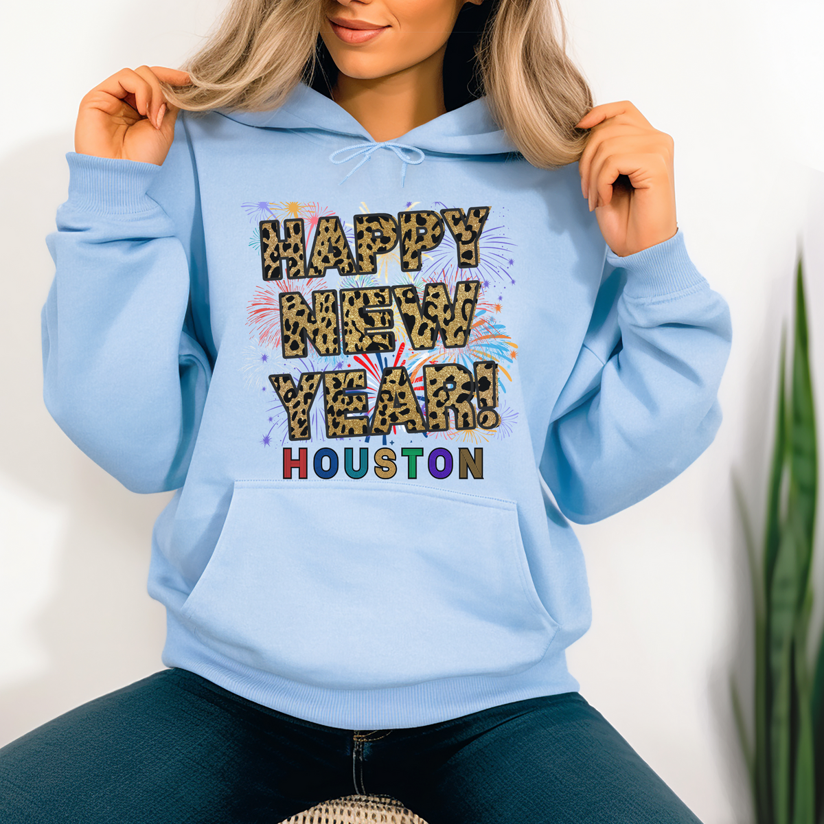 Unisex Happy New Year Houston Hoodie – Fireworks, Leopard Print, and Festive Texas Style