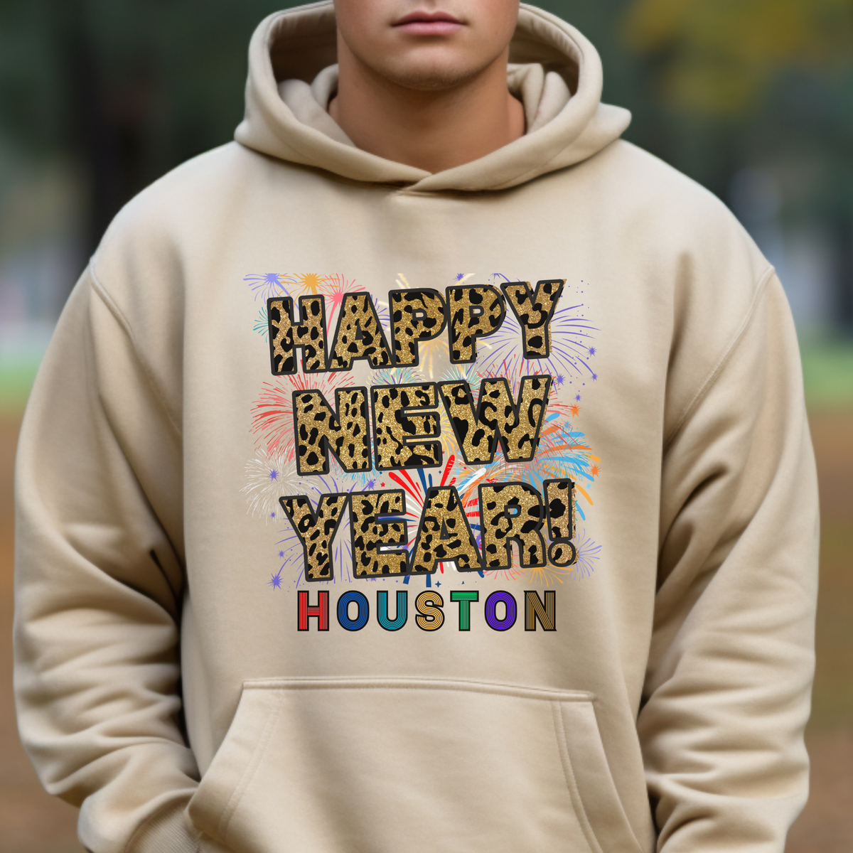 Unisex Happy New Year Houston Hoodie – Fireworks, Leopard Print, and Festive Texas Style