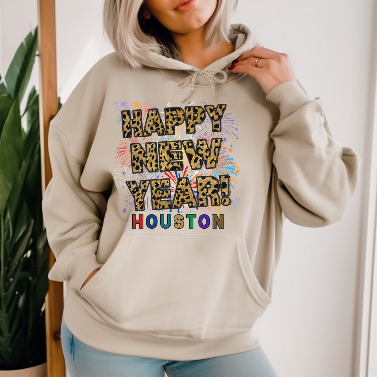 Unisex Happy New Year Houston Hoodie – Fireworks, Leopard Print, and Festive Texas Style