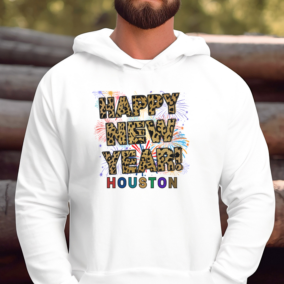 Unisex Happy New Year Houston Hoodie – Fireworks, Leopard Print, and Festive Texas Style