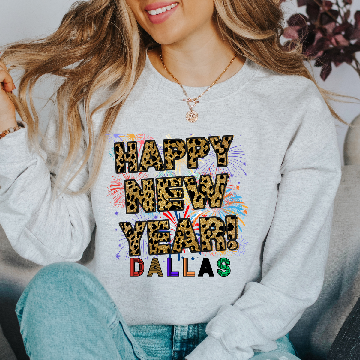 Unisex Happy New Year Dallas Sweatshirt – Fireworks, Leopard Print, and Festive Texas Style