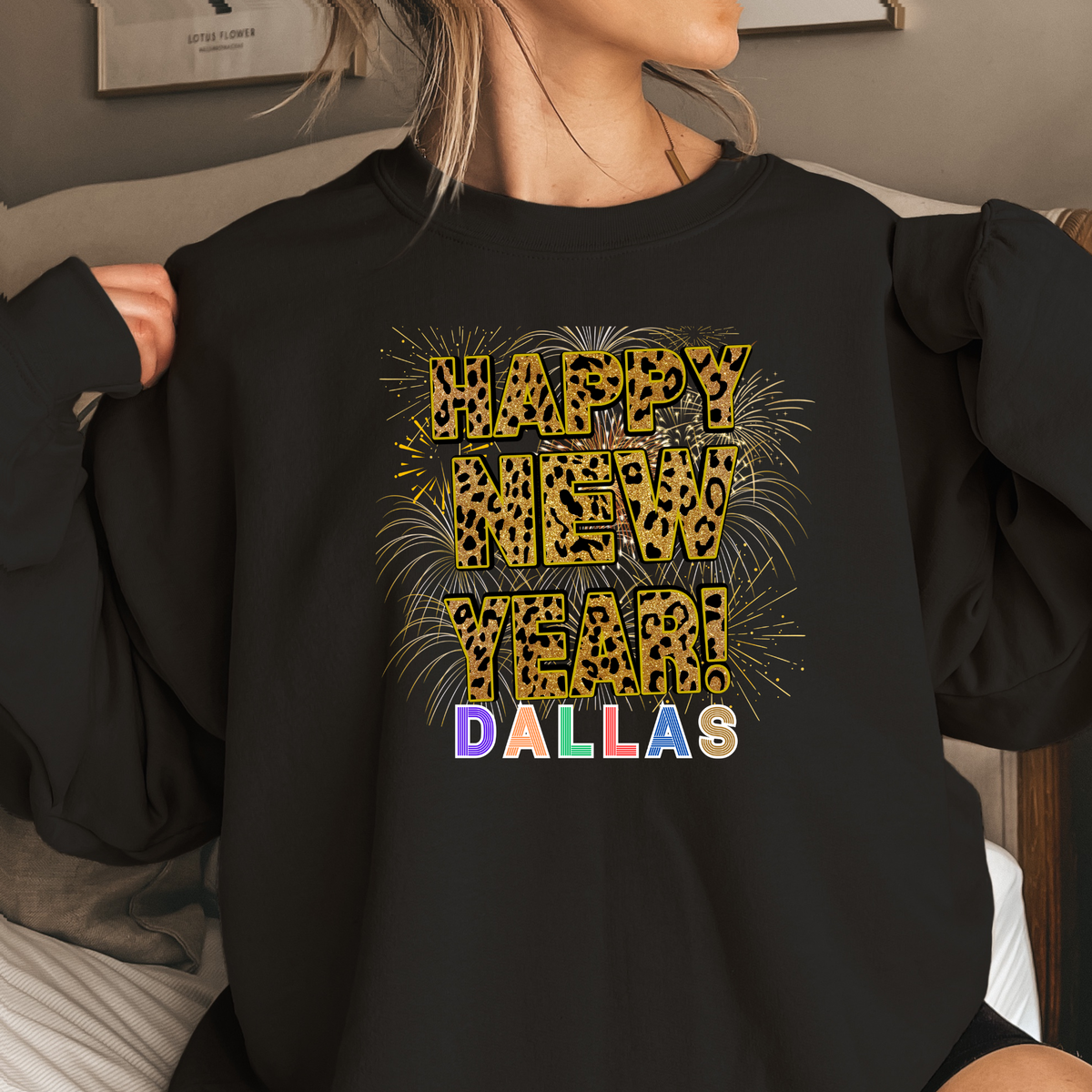 Unisex Happy New Year Dallas Sweatshirt – Fireworks, Leopard Print, and Festive Texas Style