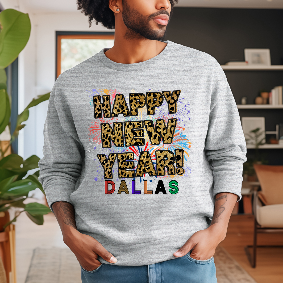 Unisex Happy New Year Dallas Sweatshirt – Fireworks, Leopard Print, and Festive Texas Style