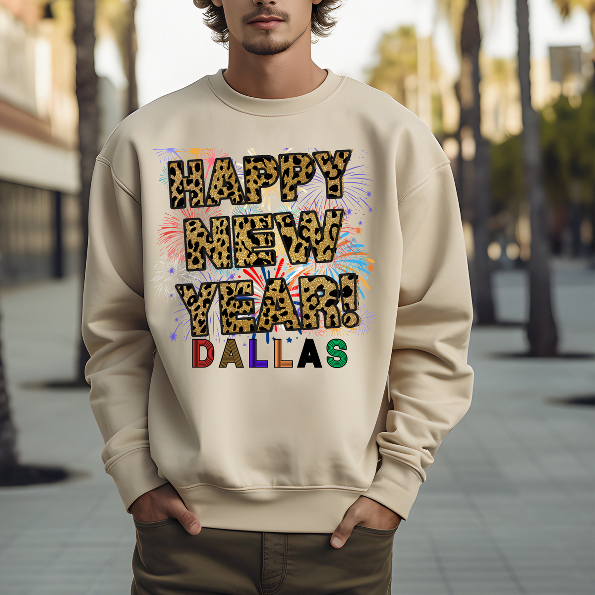 Unisex Happy New Year Dallas Sweatshirt – Fireworks, Leopard Print, and Festive Texas Style