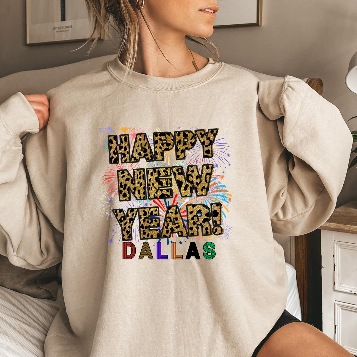 Unisex Happy New Year Dallas Sweatshirt – Fireworks, Leopard Print, and Festive Texas Style