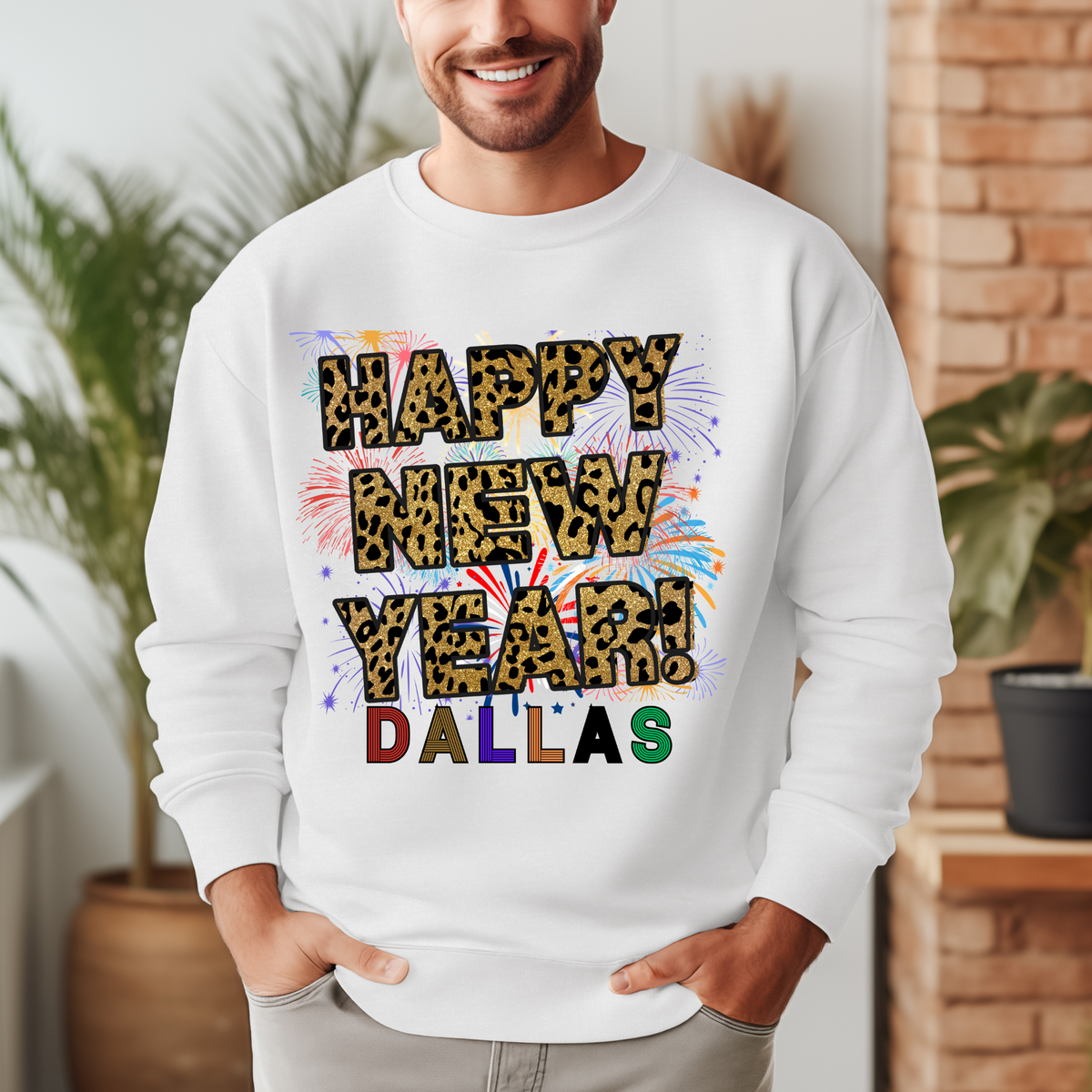 Unisex Happy New Year Dallas Sweatshirt – Fireworks, Leopard Print, and Festive Texas Style