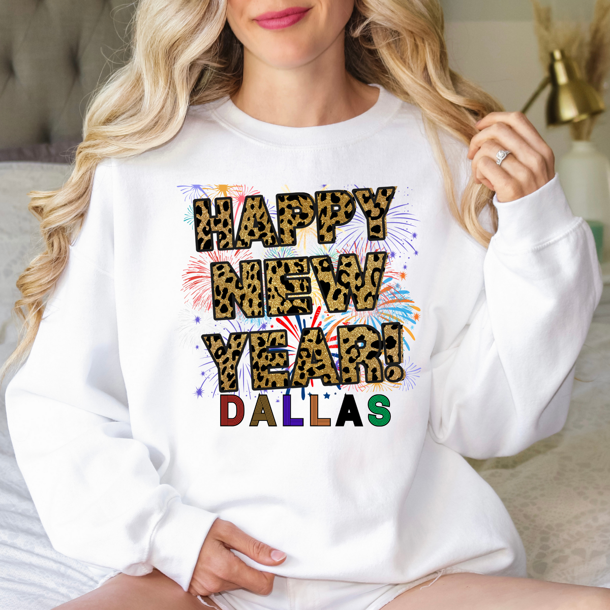 Unisex Happy New Year Dallas Sweatshirt – Fireworks, Leopard Print, and Festive Texas Style