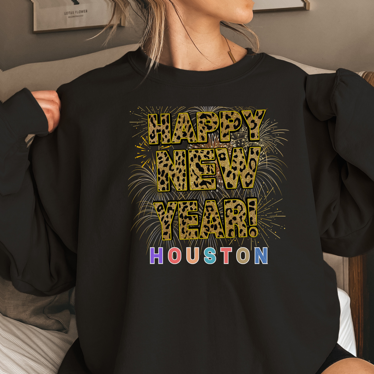 Unisex Happy New Year Houston Sweatshirt – Fireworks, Leopard Print, and Festive Style for Texas Winters