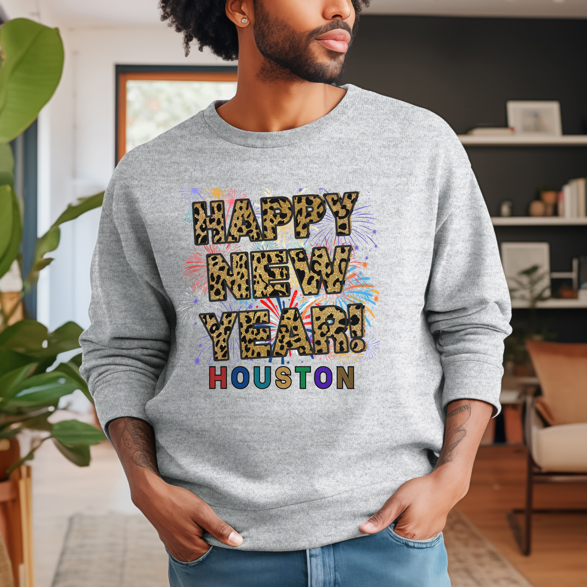 Unisex Happy New Year Houston Sweatshirt – Fireworks, Leopard Print, and Festive Style for Texas Winters